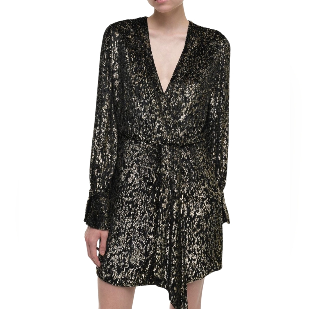NWT $595 Simkhai Camryn Metallic Faux Wrap Mini Dress Black Gold Sz 10 Party - Picture 1 of 15